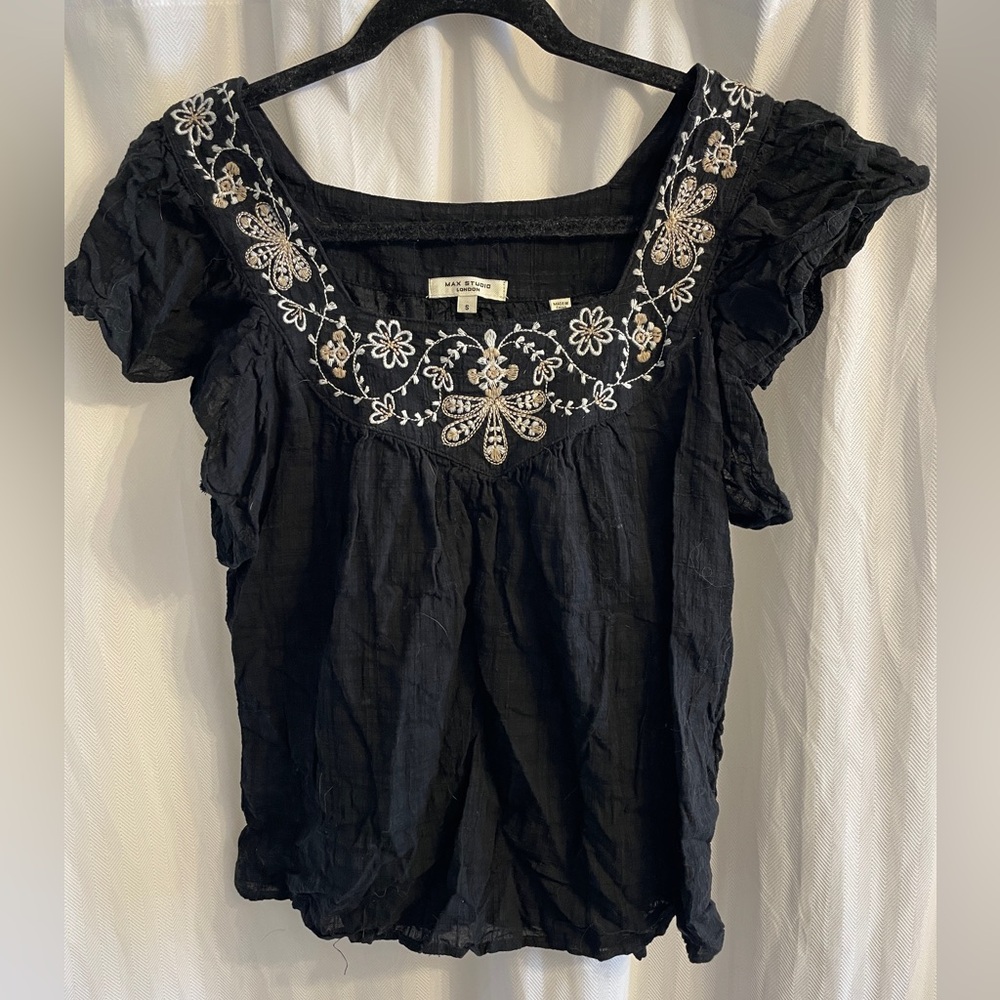 Max Studio Black Blouse with White Embroidery